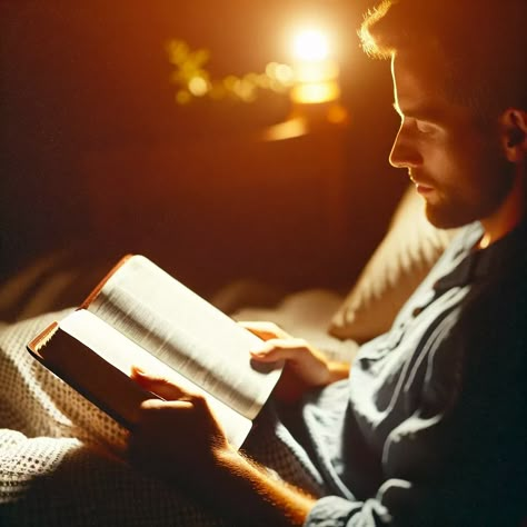 A serene scene of a man reading the Bible while lying down in bed, illuminated by the soft glow of low light that adds a touch of sensuality to the moment. The focus is on the tranquil and reflective atmosphere created by the act of reading sacred texts in a personal, intimate setting. The man is absorbed in the pages of the Bible, surrounded by the warmth and comfort of his bed, with the dim... Jesus Tiktok, Physical Relationship, Wild Aesthetic, Christian Background Images, Man Reading, Vision Board Pics, Reading The Bible, Christian Backgrounds, Book Background