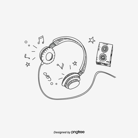 Music Tape Drawing, Headset Drawing Reference, Headphones Aesthetic Drawing, Music Aesthetic Drawing, Earphones Drawing, Headset Drawing, Hex Tattoo, Earphone Aesthetic, Music Notes Aesthetic