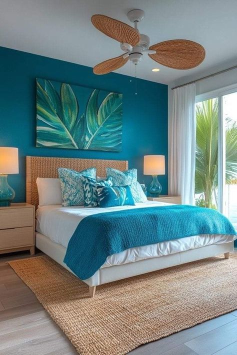 Tropical Bedrooms Caribbean, Contemporary Dining Room Decor, Hawaiian Bedroom, Beach Inspired Bedroom, Pottery Barn Hacks, Tropical Lagoon, Tropical Bedroom Decor, Bedroom Turquoise, Underwater Scenes