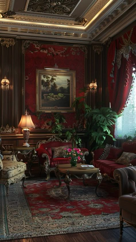 Traditional Apartment Decor, Old English Living Room, Devilcore Aesthetic, Baroque Living Room, Traditional Living Room Ideas, Library Corner, Fancy Living Rooms, Mansion Living, Victorian Bedroom