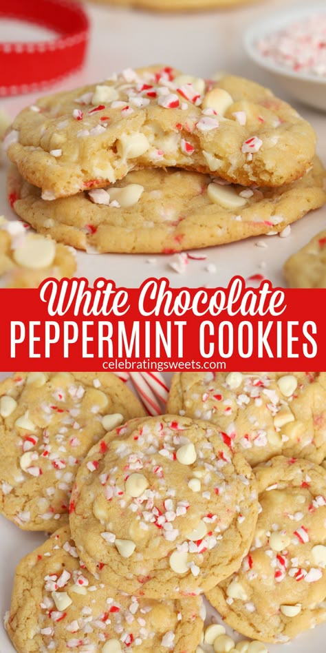 A new fun and festive cookie recipe coming just in time for Christmas! This recipe is loaded with crushed peppermint candies and lots of white chocolate chips. The combination of peppermint and white chocolate is perfect for a sweet Christmas dessert. Quick Holiday Treats, White Chocolate Peppermint Cookies, Peppermint Desserts, Xmas Foods, Peppermint Dessert, White Chocolate Peppermint, Merry Kissmas, Chocolate Peppermint Cookies, Christmas Candies