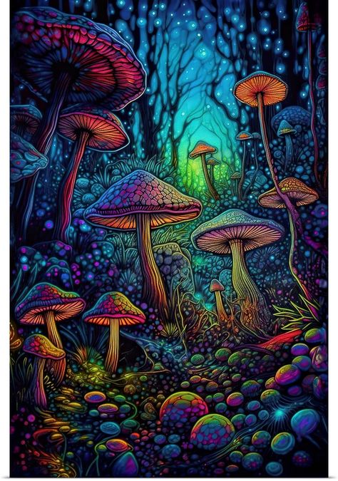 Psychedelic Mushroom Forest | Great Big Canvas Wine Glass Illustration, Black Paper Drawing, Mushroom Forest, Brown Teal, Drawing Color, Forest Wall, Skull Drawing, Forest Wall Art, Paper Drawing