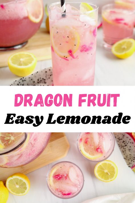 Dragon Fruit Lemonade - Plant Based Jess Dragon Fruit Drink, Dragon Fruit Lemonade, Dragonfruit Recipes, Fruit Lemonade, Fruit Drinks Recipes, Alcohol Free Drinks, Drink Recipes Nonalcoholic, Summertime Drinks, Lemonade Drinks