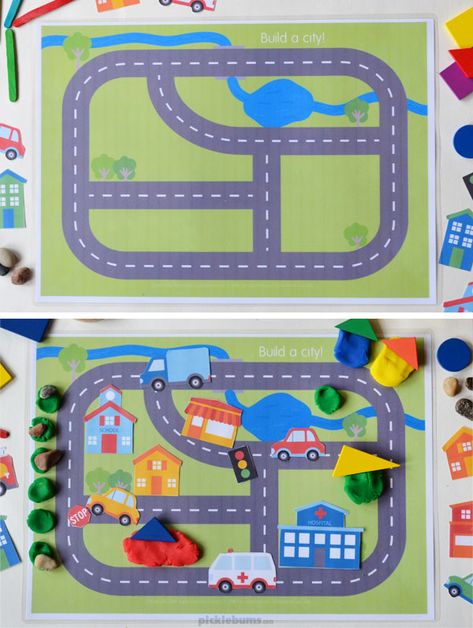 City play set - 6 play dough mats and a page of printable accessories. Free Play, Play Mats, Build A City Printable Free, Play Dough Mats Free Printables, Transportation Playdough Mats, Printable Play Mat, Play Doh Mats, Printable Roads For Toy Cars, Car Play Mats Diy