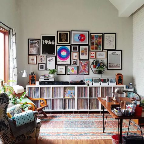 Ikea vinyl storage hacks: 7 smart and chic overhauls | Livingetc Ikea Vinyl Storage, Ikea Record Storage, Vinyl Record Room, Vinyl Shelf, Home Music Rooms, Vinyl Room, Record Room, Kallax Ikea, Vinyl Storage