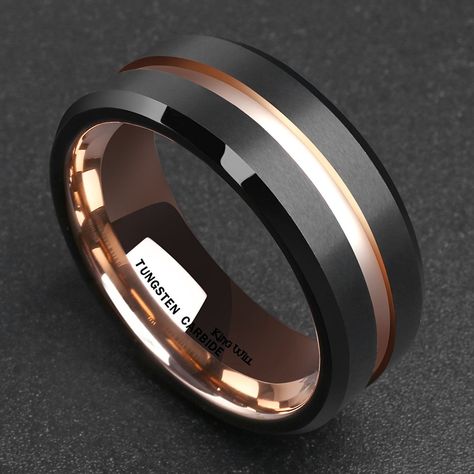 King Will Mens 8mm Black Matte Finish Tungsten Carbide Ring 18K Rose Gold Plated Beveled Edge Wedding Band | Amazon.com Blue Tungsten Ring, Black And Rose Gold, Rose Gold Plated Ring, Mens Wedding Bands Tungsten, Tungsten Carbide Wedding Bands, Black Tungsten Rings, Tungsten Mens Rings, Black Tungsten, Tungsten Carbide Rings