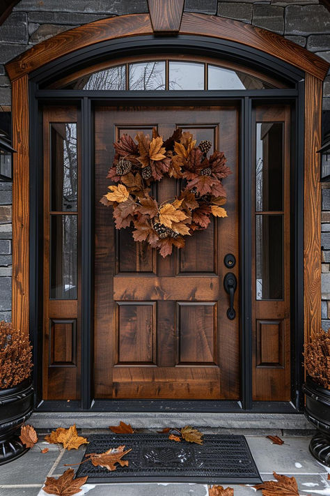 60 Elegant Fall Decor Ideas for Sophisticated Home Elvish Home Aesthetic, Outdoor Fall Decor Front Door, Cozy Elegant Home Decor, Oak Exterior Door, Front Door With Windows On Top, Vintage Porch Ideas, Fall Decor Front Porch Entryway, Outside Front Door Entryway Ideas, Autumn Home Aesthetic