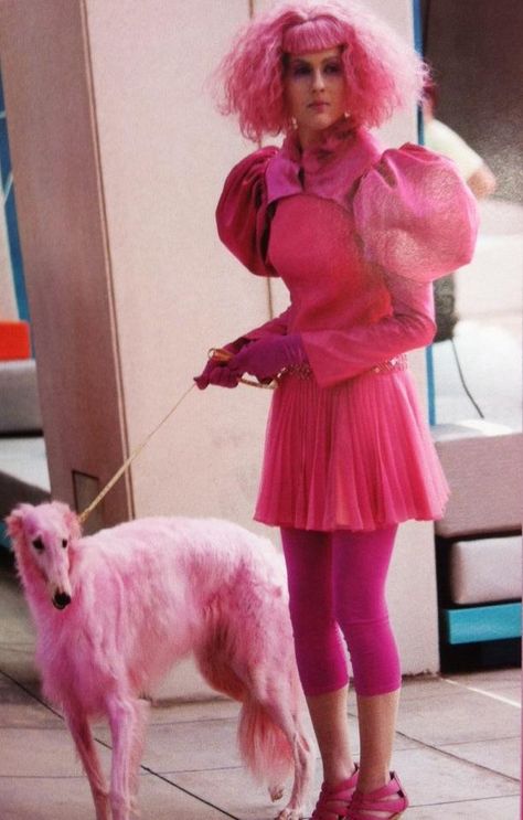 This is one of the two dogs (Borzoi or Russian Wolfhound) in the opening Capitol scene from The Hunger Games. Hunger Games Capitol, Hunger Games Outfits, Capitol Couture, Hunger Games Fashion, Drag Make-up, Hunger Games Movies, Pink Clothes, Glitter Rosa, Hallowen Costume