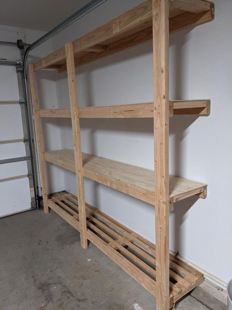 Small Garage Shelving Ideas, Shelf For Basement, Diy Wooden Storage Shelves, Diy Shop Shelving, Sturdy Shelves Diy, Diy Wall Storage Shelves, Garage Kasten, Wooden Garage Shelves, Garage Storage Inspiration