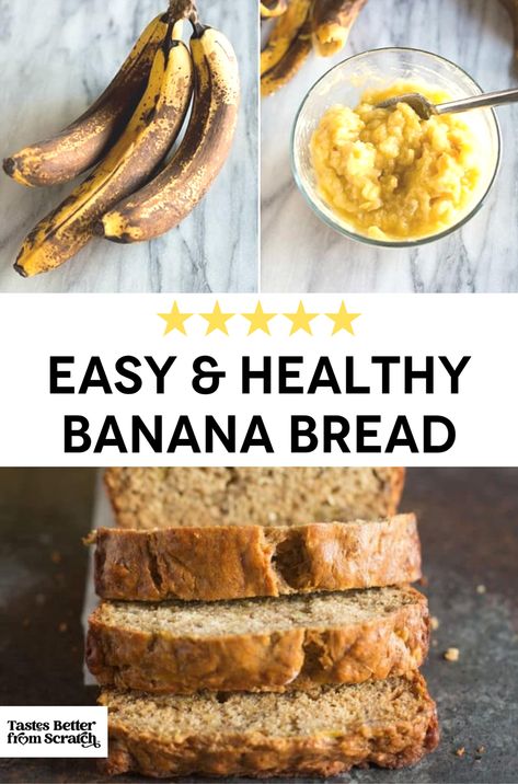 Craving a sweet treat that's both wholesome and satisfying? Dive into this Easy, Healthy Banana Bread recipe! With minimal sugar and no oil, each slice is just over 100 calories, yet the taste is beyond compare. This straightforward banana bread recipe creates a loaf that's incredibly moist, perfectly sweet, and absolutely delicious—making it a guilt-free pleasure. Whether you're enjoying it for breakfast, as a snack, or for dessert, this healthy banana bread is sure to impress! Be sure to save this pin for a quick and easy option! All Natural Banana Bread, Health Banana Bread Recipe, Low Cal Banana Bread 100 Calories, Banana Bread Simple Recipe, Healthier Banana Bread Muffins, Bannan A Bread Recipe Easy Healthy, How To Make Healthy Banana Bread, Healthy Simple Banana Bread, Organic Banana Bread