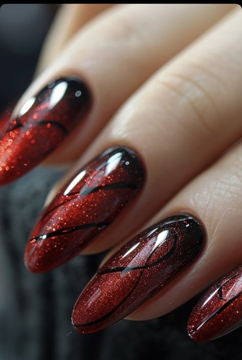 Red With Black Design Nails, Red Nails 2024 Trends, Black With Red Nails, Black And Chrome Nails Designs, Dark Red Nail Art, Red And Black Nail Designs, Prom Nail Ideas, Red Black Nails, Makanan Rendah Kalori