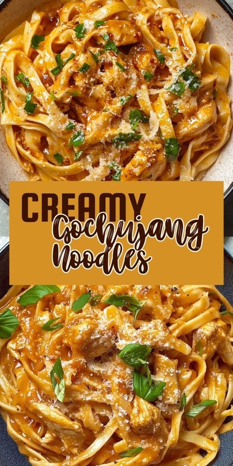 These Creamy Gochujang Noodles bring together the fiery heat of Korean gochujang and the luscious creaminess of fettuccine Alfredo! 🍜🔥 With the perfect balance of spice and creaminess, this fusion dish is comforting, bold, and absolutely irresistible.

📌 Save this pin to make spicy and creamy gochujang noodles for your next dinner!
#GochujangNoodles #KoreanFusion #SpicyPasta #ComfortFood #EasyDinners #BoldFlavors Gochujang Recipe Dishes, Gochujang Noodles, Korean Noodle Dishes, Gochujang Recipe, Spicy Pasta, Fusion Dishes, Pasta Night, Impressive Recipes, Pasta Dinner Recipes