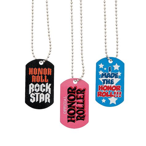 Honor Roll Dog Tag Necklaces. Celebrate their hard work! Honor Roll Dog Tag Necklaces are a fun handout in the classroom that kids will be proud to wear. Designs include: Honor Roll Rock Star, I made the honor roll! and Official honor roller. Each includes a 2 dog tag on a 23 silvertone chain. Metal.  © OTC Rock Star Theme, Rose Gold Diamond Necklace, Floating Diamond Necklace, Christmas Gift Items, Honor Roll, Dainty Diamond Necklace, Floating Necklace, Kids Learning Activities, Classroom Themes