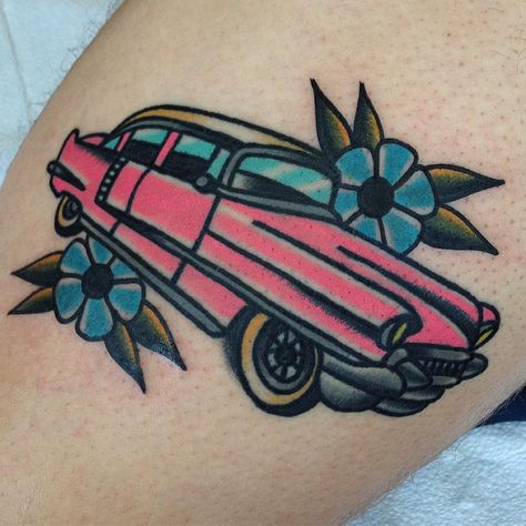 Car Traditional Tattoo, Retro Car Tattoo, Cadillac Tattoo Designs, Cadillac Tattoo, Elvis Pink Cadillac, Rockabilly Tattoos, Tattoo Nightmares, 1959 Pink Cadillac, Girl Power Tattoo