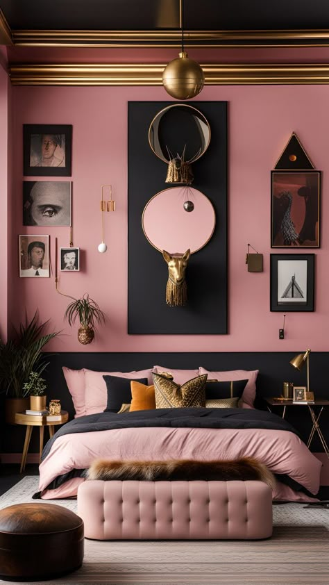 Pretty in Pink: Stylish Bedroom Decor! #PrettyInPink #BedroomInspiration Elegant Pink Living Room, Brown And Pink Bedroom Decor, Black And Pink Room Design, Black Walls With Pink Accents, Pink Shades For Bedroom, Brown And Pink Decor Living Room, Soft Pink Room Decor, Black Pink Bedroom Ideas, Blush Pink And Black Bedroom