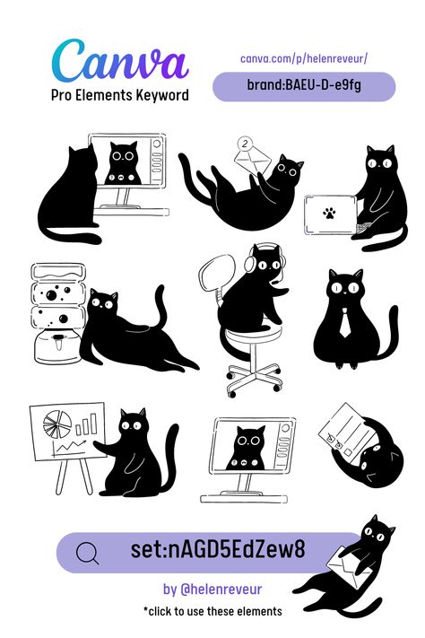 Black Cat Graphic, Canvas Elements Keyword, Canva Sets Elements, Cats Vector, Canva Pro Elements, Canva Codes, Office Cat, Cat Expressions, Note Writing Paper