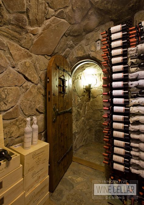 Rustic Stone Wine Cellar & Reclaimed Wine Barrel Racking Rustic Wine Cellar, Unique Wine Cellar, Wine Rooms, Wine Cellar Door, Wine Cave, Man Cave Room, Home Wine Cellars, Custom Wine Cellars, Stair Wall