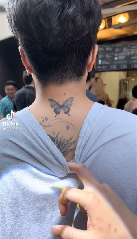 Butterfly Behind Neck, Butterfly Behind Neck Tattoo, Butterfly Tattoo Behind Neck, Pookie Tattoo, Butterfly Tattoo Back Of Neck, Neck Butterfly Tattoo, Butterfly Tattoo Neck, Behind Neck Tattoo, Back Of Neck Tattoo Men