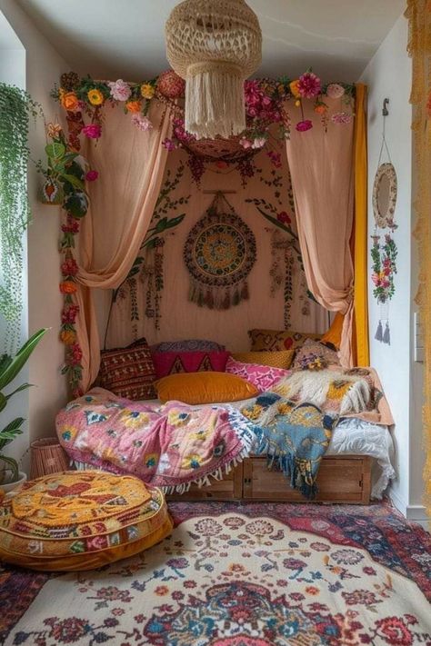 Boho Daughter Room, Bedroom Ideas Mattress On Floor, Whimsical Twee Bedroom, Boho Bedroom Maximalist, Studio Apartment Bed Ideas, Turkish Room Decor, Renter Friendly Decorating Bedrooms, Very Tiny Bedroom Ideas, Room Rearranging Ideas Bedrooms