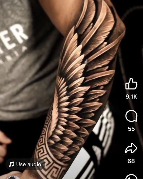 Wing Half Sleeve Tattoo, Angel Wing Forearm Tattoo For Men, Angel Wing Sleeve Tattoo For Men, Native American Tattoo Drawings, Valkyrie Wing Tattoo, Angel Wing Forearm, Men Sleeve Tattoos, Wing Ridden Angel Tattoo, Angel Wings Back Of Arm