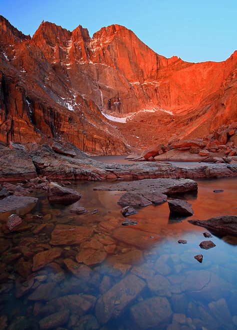 Chasm Lake and Longs Peak, Rocky Mountain National Park, Colorado, photo by Stan Rose Red Mountains, Longs Peak, Rocky Mountain National Park Colorado, Red Mountain, Estes Park Colorado, State Of Colorado, Lovely Photo, Colorado Hiking, Sky Nature