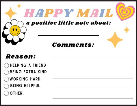 Not all notes home have to be negative! Here you will find my custom made "Happy Mail" postcards. This has been such a hit in my classroom and parents just love hearing all the wonderful things their children are positively doing in class. This encourages positive parent communication made easy, without the phone call! Note For Parents, Daycare Mail, Note Home From Teacher, Notes To Parents From Teachers, Teacher Mail, Glow Notes To Parents, Happy Mail Teacher To Parent, Happy Mail For Students, Preschool Take Home Folders Parent Communication