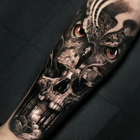 Bobby Tattoo, Owl And Skull Tattoo, Owl Skull Tattoos, Harley Tattoo, Owl Tattoo Sleeve, Owl Tattoo Drawings, Owl Skull, Skull Sleeve Tattoos, Realistic Tattoo Sleeve