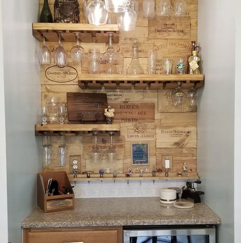 Wine Crate Wall, Wine Box Shelves, Wine Crate Paneling, Lady Cave, Wooden Wine Crates, Bar Nook, Rolling Ladder, Wood Wine Box, Interior Elements