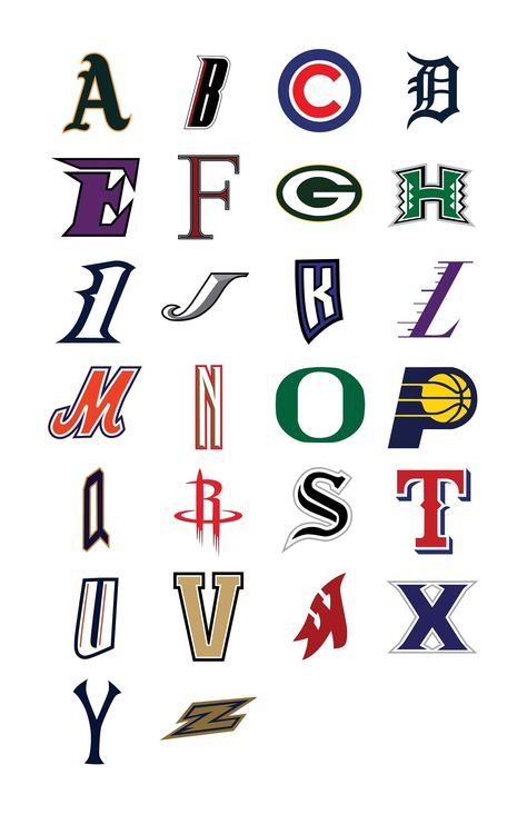 featuring 26 athletic teams from the NCAA, NBA, and NFL. Great gift idea for sports Sports Team Logos Design, E Sports Logo, Cool Brand Names, Logo Alphabet Design, Graphic Design Alphabet, Baseball Branding, Sports Teams Logos, Honestly Nevermind, Logo Design Inspiration Sports