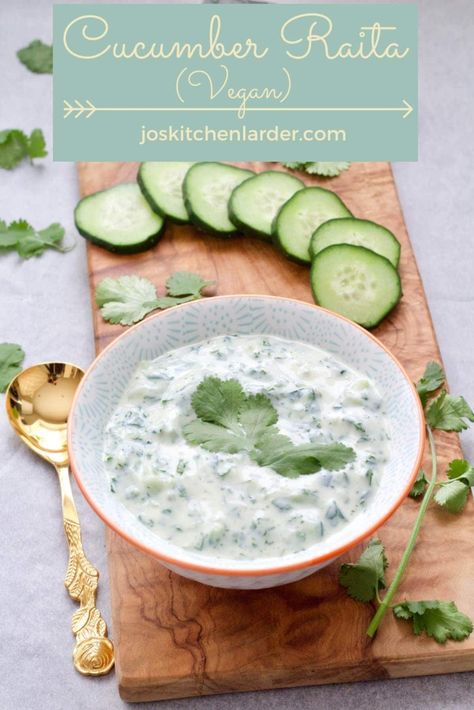 Cucumber Raita - perfect accompaniment to any curry. Quick & easy to make, refreshing, cooling & delicious, this Indian cucumber yogurt sauce or dip recipe is vegan too! #cucumberraita #veganraita #yogurtsauce #dip #dairyfree #corianderraita #mintraita Cucumber Raita Recipe, Indian Cucumber, Cucumber Yogurt Sauce, Cucumber Raita, Cucumber Yogurt, Indian Dinner, Easy Cauliflower, Vegan Dip, Dip Recipes Easy