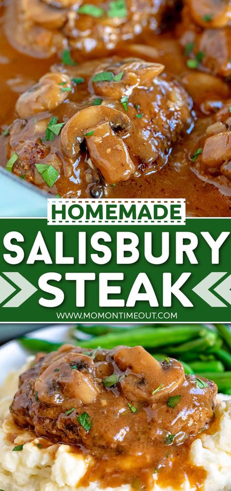 This delicious homemade Salisbury Steak recipe is classic comfort food that takes less than 30 minutes to make! Easy to make in one skillet, this hearty dinner recipe is sure to satisfy the whole family. So much better than anything you can buy at the store! // Mom On Timeout Easy And Fast Dinner Recipes, Salisbury Steak With Onion Gravy, Easy Salisbury Steak Recipe, Best Salisbury Steak Recipe, Homemade Salisbury Steak, Easy Salisbury Steak, Salisbury Steak Recipe, Mom On Timeout, Beef Steak Recipes