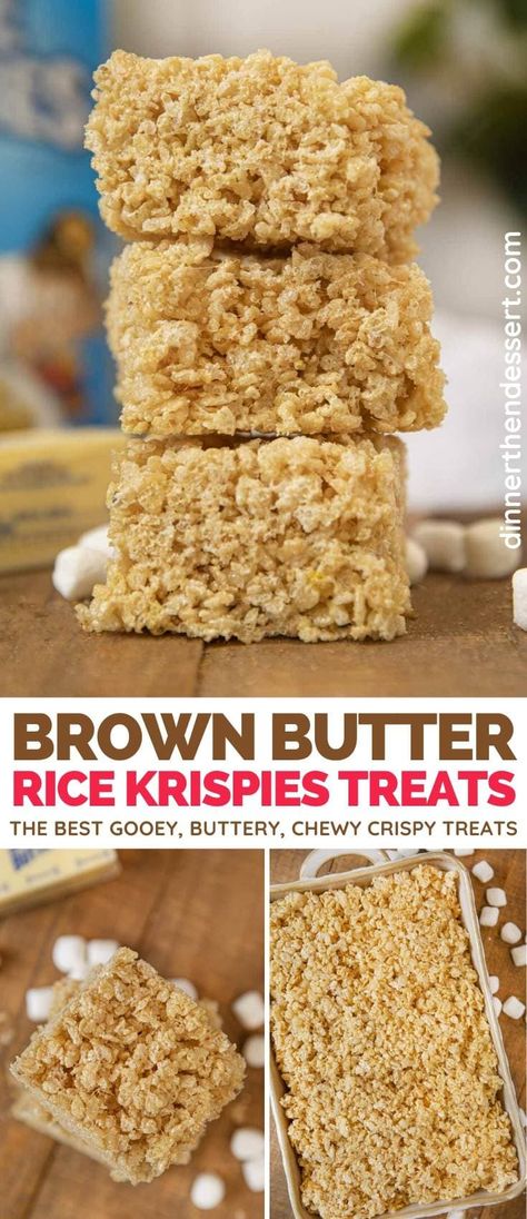 Brown Butter Rice Krispies are the best gooey, buttery crispy treats! #dessert #ricekrispiestreats #snacks #brownbutter #baking #holidaybaking #dinnerthendessert Brown Butter Rice, Buttery Rice, Chewy Bars, Rice Krispie Bars, Rice Crispy Treats Recipe, Kid Friendly Dessert, Rice Krispies Treats, Krispies Treats, Crispy Rice