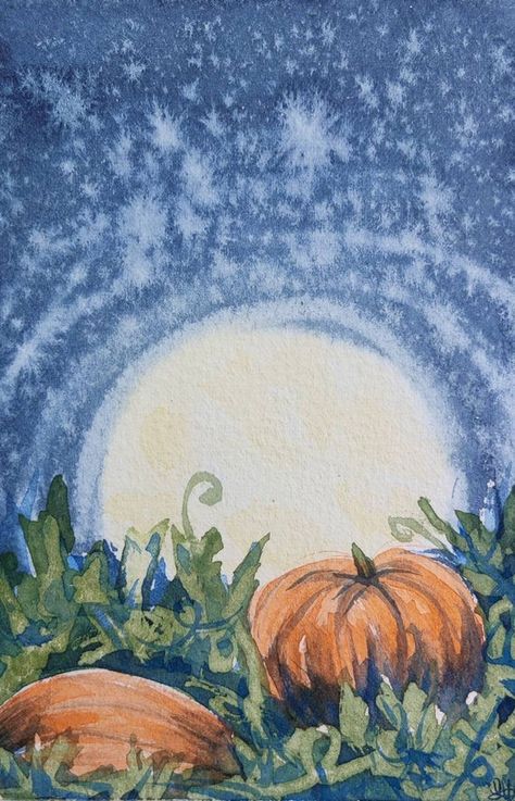 Fall Gauche Painting, Pumpkin Patch Painting, Pumpkin Patch Painting On Canvas, Pumpkins Oil Painting, Pumpkin Patch Watercolor Painting, Haunted House Drawing, Stars Glitter, Halloween Watercolor, Plein Air Watercolor