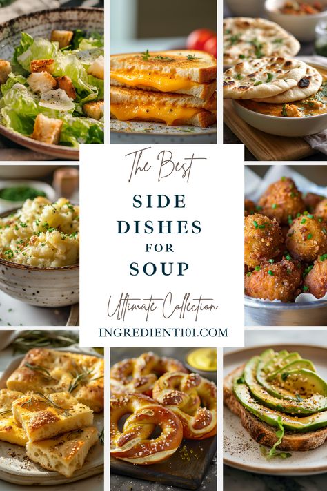 Find the best side dishes to cozy up on soup night! From refreshing summer salads to loaded corn salads and crusty bread, these simple and delicious recipes are perfect for serving alongside your favorite soup. Whether you're in the mood for creamy tomato soup, hearty vegetable soup, or Italian minestrone, these side dishes will complete your soup dinner. So go ahead and serve up the best soup and side dish combination for a wholesome and healthy dinner. Sides With Soup Simple, Bread Sides For Soup, Side With Soup, Side Dishes With Soup, Sides For Soup Potluck, Side Dishes For Soup Dinners, Sides For Soup Dinners, Sides With Soup, Soup And Salad Party Ideas