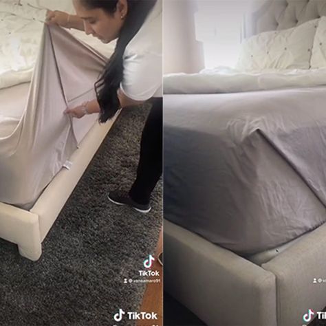 This Is How to Tuck in a Flat Sheet to Create Tight Corners Bed Tucked In Corner, Cozy Studio Apartment, Make A Bed, Make Bed, Bed Making, Fitted Bed, Spring Cleaning Checklist, Spring Cleaning Hacks, Slip Covers