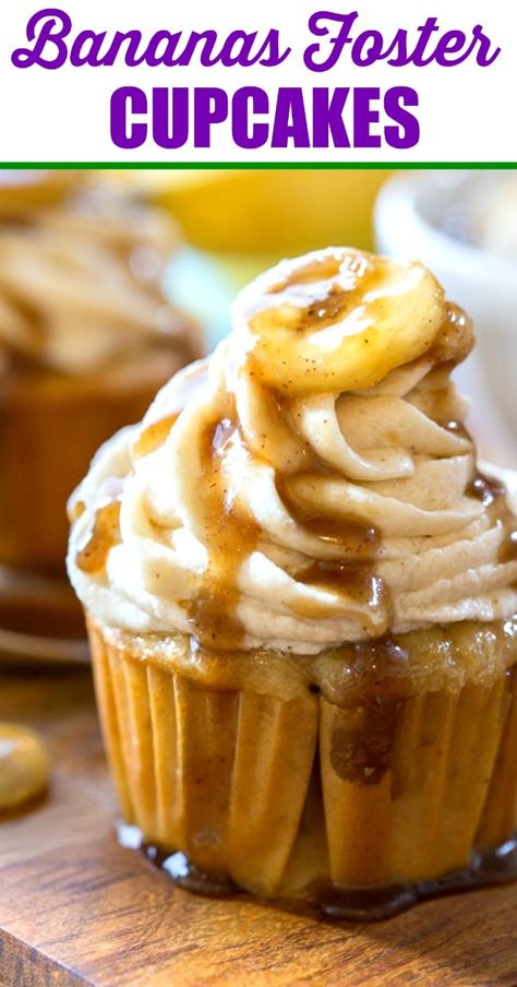 Bananas Foster Cupcakes with a moist banana-flavored cupcake, a rich buttercream frosting, and a praline sauce drizzled on top are a delicious cupcake version of the classic New Orleans dessert. #mardigras Banana Cupcakes, Gourmet Cupcakes, Bananas Foster, Cupcake Flavors, Köstliche Desserts, Banana Flavored, Cupcake Cake, Yummy Cupcakes, Savoury Cake