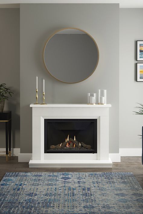 48" Earlston gas fireplace in White micro marble complete with 950 gas fire Modern Fireplace Gas, Șemineu Living, Fire Places Decoration Ideas, Marble Gas Fireplace, Gas Fires And Surrounds, Small Gas Fireplace, Gas Fireplace Makeover, Gas Fireplace Ideas, Gas Log Fireplace