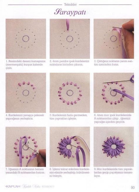 Ribbon technique Tutorial Sulaman Pita, Sulaman Pita, Ribbon Embroidery Kit, Ribbon Embroidery Tutorial, Embroidery Stitches Tutorial, Pola Sulam, Hand Stitch, Ribbon Art, 자수 디자인