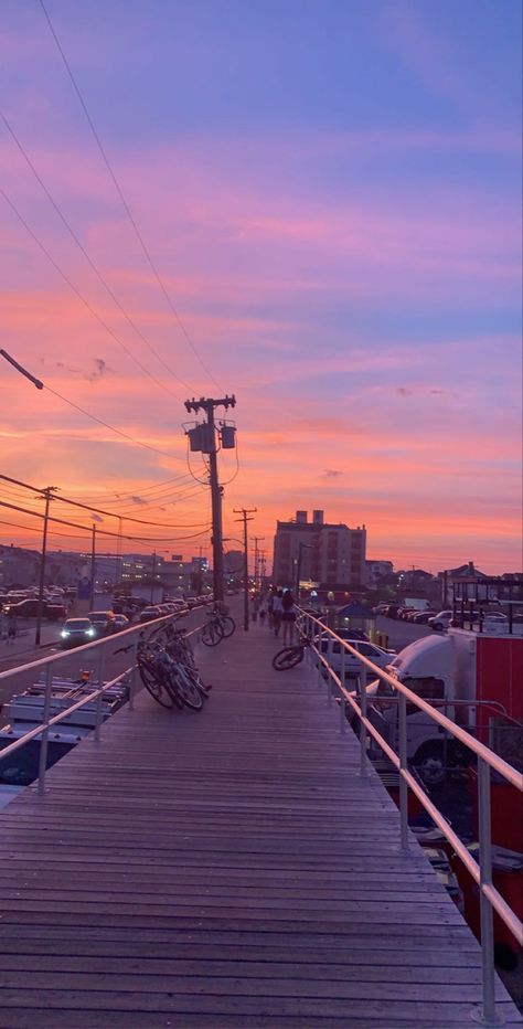 Aesthetic sunset boardwalk image Nj Beach Aesthetic, Outskirts Of Town Aesthetic, Wildwood Aesthetic, Beach Boardwalk Aesthetic, Miranda Aesthetic, Boardwalk Aesthetic, Boardwalk Sunset, Beach Town Aesthetic, Summer Boardwalk