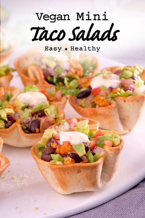 A healthy vegan appetizer or entree that's easy to make! These mini taco salads include tempeh, black beans, lettuce, and so much more. #vegantacosalad #minitacosalads #easyveganrecipe Vegan Buffet Food Ideas, Vegan Mexican Appetizers For Party, Easy Vegan Appetizers For A Party Finger Foods, Vegan Buffet Food, Vegan Orderves Parties, Mexican Appies, Cold Vegan Appetizers, Vegan Buffet Ideas, Vegan Catering Ideas