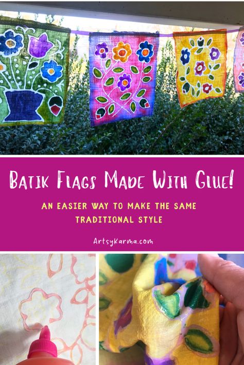 Batik Diy, Goo Goo Dolls, Gel Glue, Batik Art, Prayer Flags, Craft Lovers, Camping Crafts, Camping Art, Upcycled Crafts