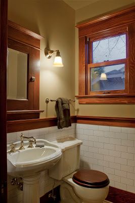 . Craftsman Powder Room, Bungalow Bathrooms, Craftsman Style Bathroom, Craftsman Style Bathrooms, Craftsman Style Interiors, 1920s Bathroom, Craftsman Interiors, Tile Bathrooms, Bungalow Bathroom