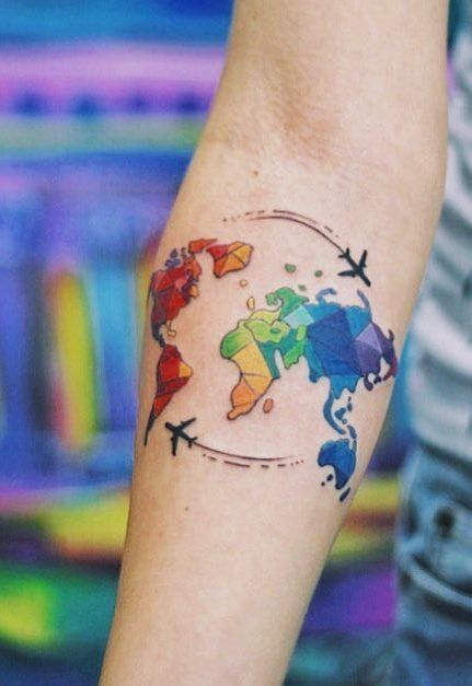 Watercolor Globe Tattoo, World Traveler Tattoo Ideas, Watercolor World Map Tattoo, Trip Tattoo Ideas, World Globe Tattoos, Suitcase Tattoo, Anniversary Tattoos, Pi Tattoo, Earth Tattoos