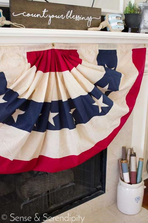 Flag Bunting Diy, Outdoor Bunting Diy, How To Hang Bunting Flags, Diy Bunting Banner Fabric, Flag Bunting On House, Flag Bunting On Porch, Diy Patriotic Bunting, Flag On Porch, Flag On House