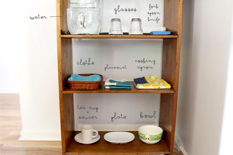 Belle and Beau Montessori: Beau's Montessori Kitchen Shelf Playroom Montessori, Montessori Shelf, Montessori Parenting, Montessori Bedroom, Montessori Playroom, Montessori Diy, Montessori Room, Montessori Practical Life, Montessori Toddler Activities