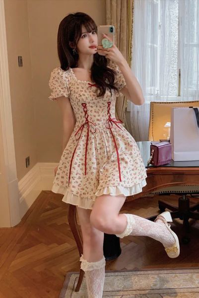 2022 Floral Lace Dress Mori Girl Style Elegant Puff Sleeve Bandage Min – Ncocon Aesthetic Dresses Casual, Summer Date Outfit, Mini Short Dresses, Cute Floral Dresses, Mori Girl Fashion, Outfits Petite, Medieval Dress, Short Lace Dress, 2022 Trends