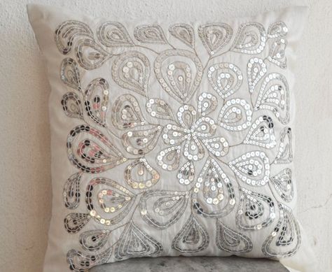 Ivory white Throw Pillows With Silver Sequins Dazzling Pillow | Etsy Ivory Throw Pillows, Silver Pillows, Large Decorative Pillows, Cream Decor, Pillows Decorative Diy, White Decorative Pillows, Silk Pillow Cover, Sequin Pillow, White Throw