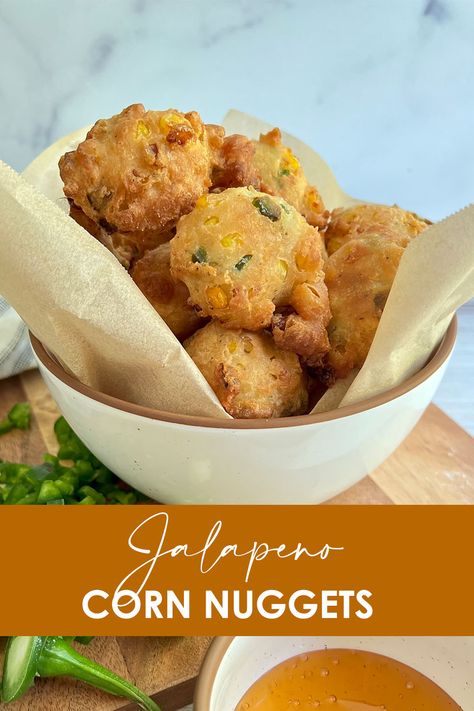 A bowl of Jalapeño Corn Nuggets laying on parchment paper Barbeque Side Dishes, Corn Nuggets, Jalapeño Corn, Summer Bbq Recipes, Jalapeno Recipes, Summer Cookout, Bbq Food, Hole In The Wall, Summer Cookouts