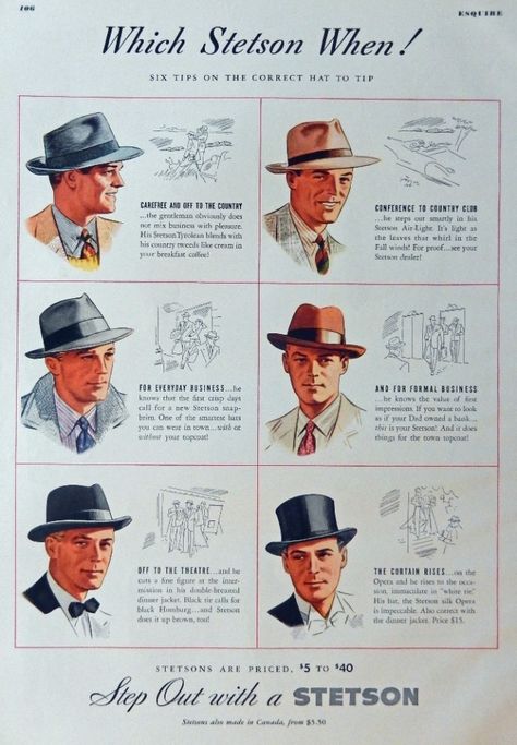 Stetson Hats  Vintage Print Ad  30 s Color Illustration  which Stetson when  Esquire Magazine Art Hat Guide, Stetson Fedora, 1930s Hats, Hat Illustration, Gentleman Hat, Mens Hats Vintage, Stetson Hats, Mens Fashion Illustration, Stetson Hat