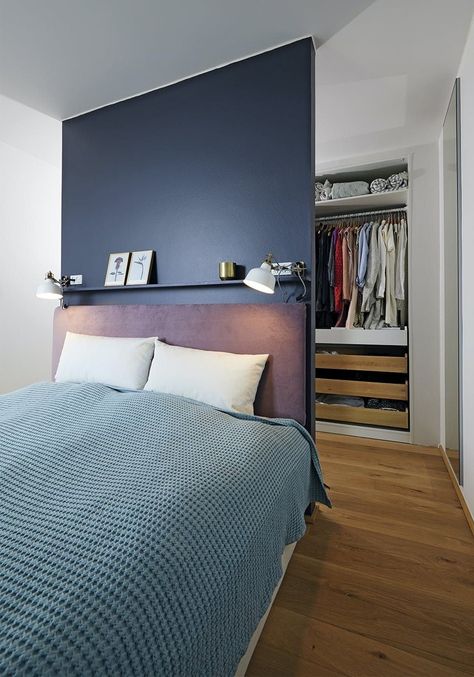 Minimalist Bedroom With Walk In Closet, Small Bedroom With Walk In Closet, Walk In Closet In Bedroom, Walk In Closet Bedroom, Bedroom With Closet, Closet Behind Bed, Walk Through Closet, Bedroom With Walk In Closet, Mid Century Bedroom